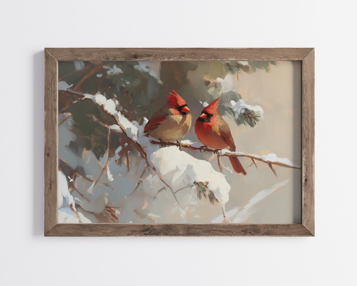 Two Cardinals on Snowy Branches Winter Bird Oil Painting Poster - Image 3