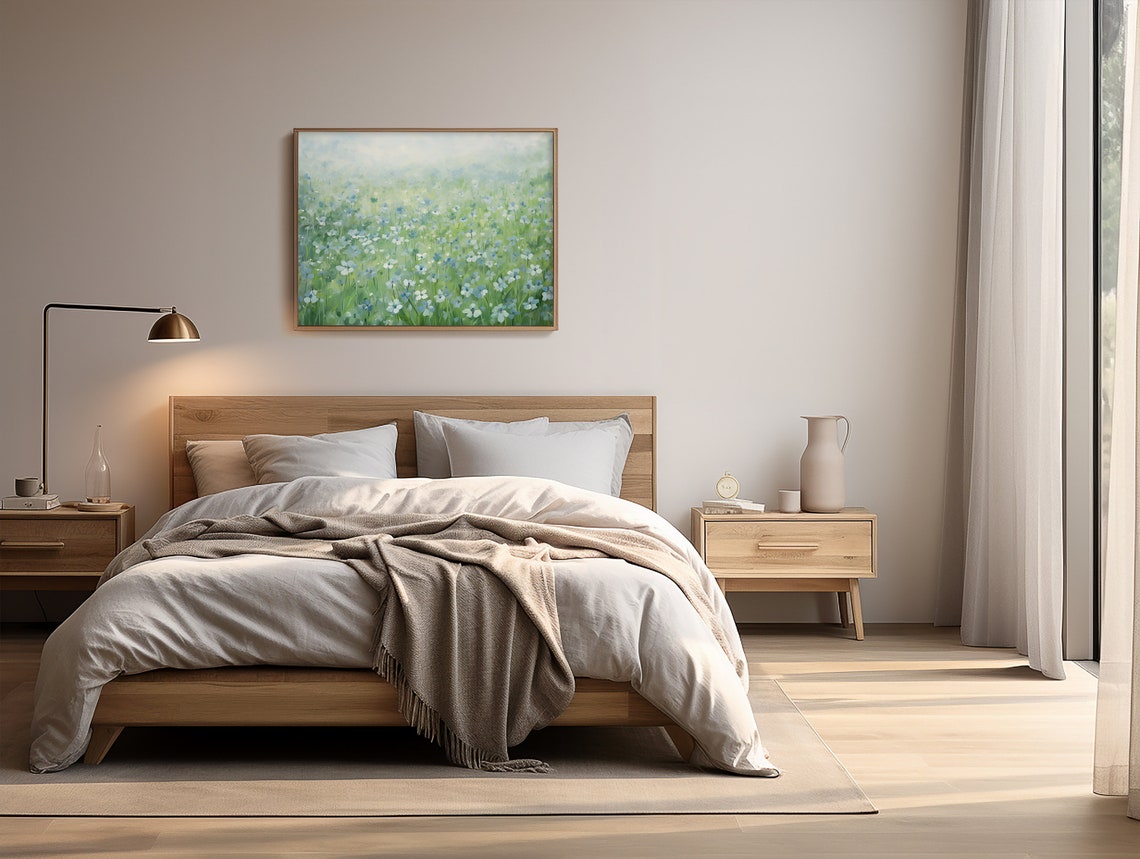 Blue and White Wildflower Meadow Abstract Soft Spring Landscape Print - Image 2