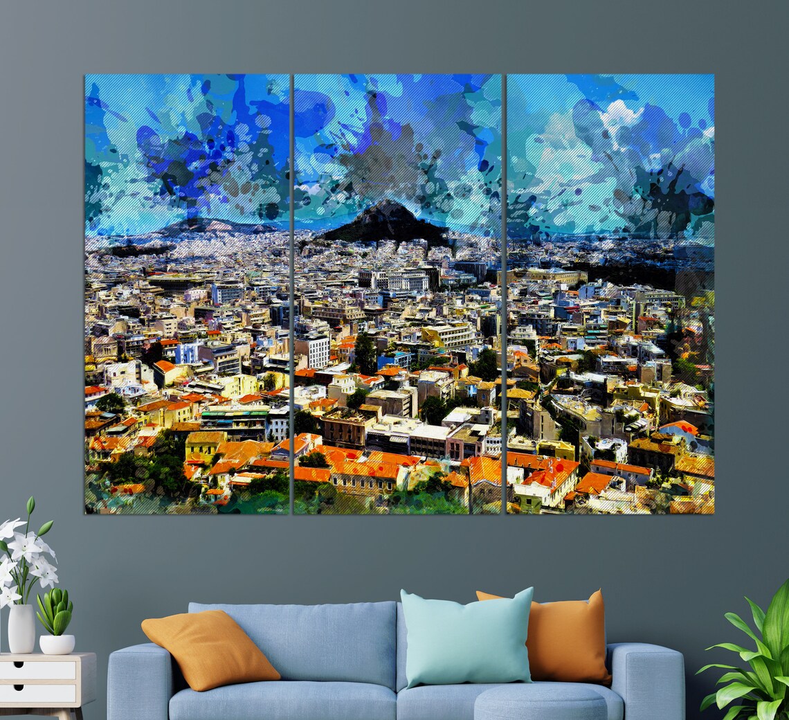Athens Greece City Skyline Panorama Colorful Travel Art Wall Poster