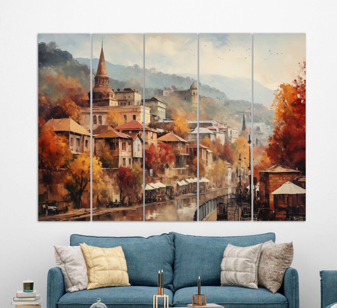 Misty Autumn River Town Church Spire Golden Foliage Painting Poster - Image 2