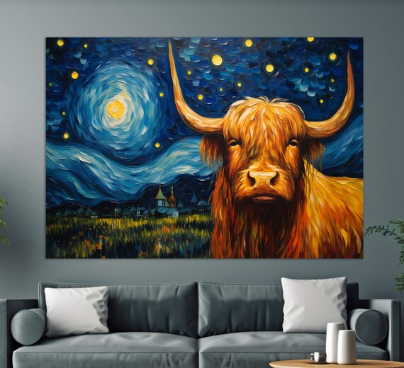 Highland Cow Starry Night Van Gogh Style Swirling Blue Sky Animal Art Poster