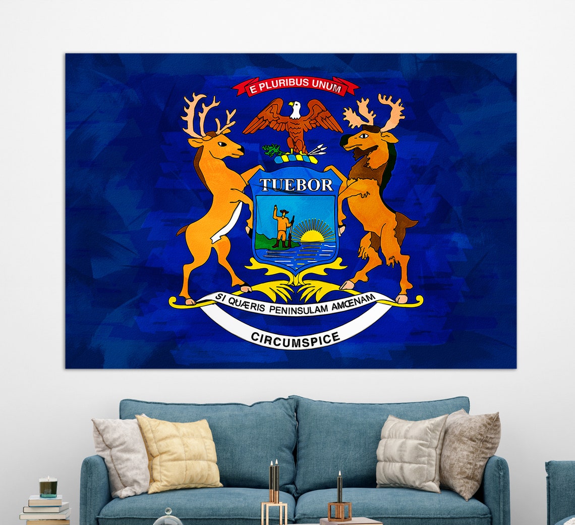 Michigan State Flag Coat Of Arms Blue Field Patriotic Art Print