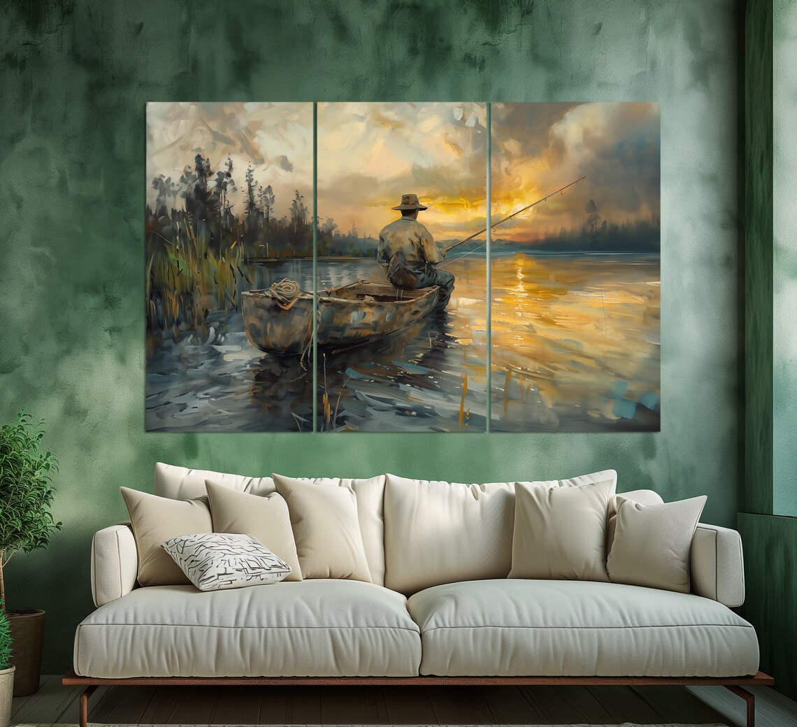 Fisherman In Wooden Canoe At Golden Sunset Lake Painting Wall Art - Image 3