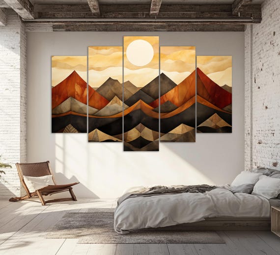 Boho Wall Art Boho Sun Over Mountains Painting Minimalist Print Geometric Minimalist Wall Decor Boho Art