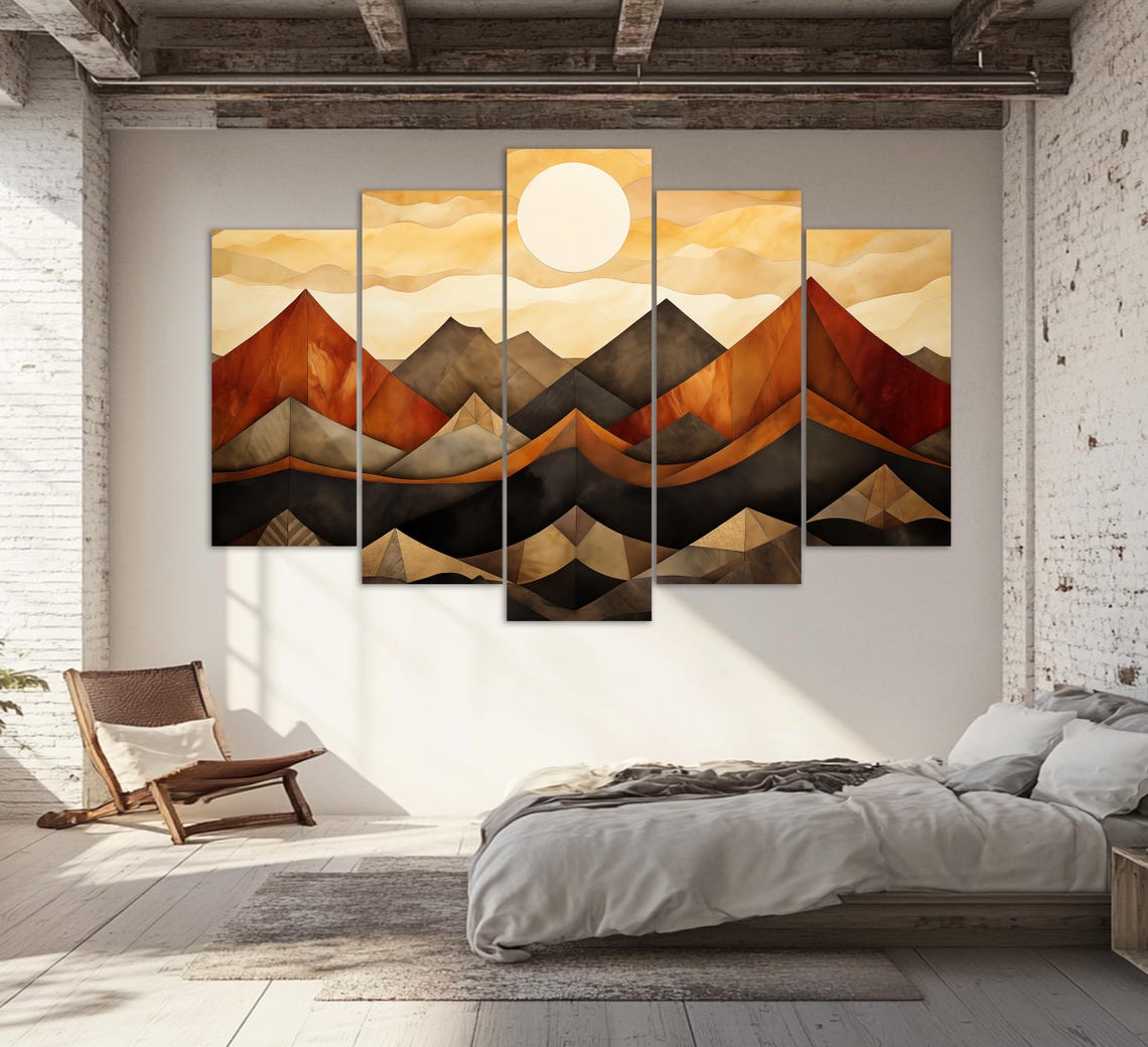 Boho Wall Art Boho Sun Over Mountains Painting Minimalist Print Geometric Minimalist Wall Decor Boho Art