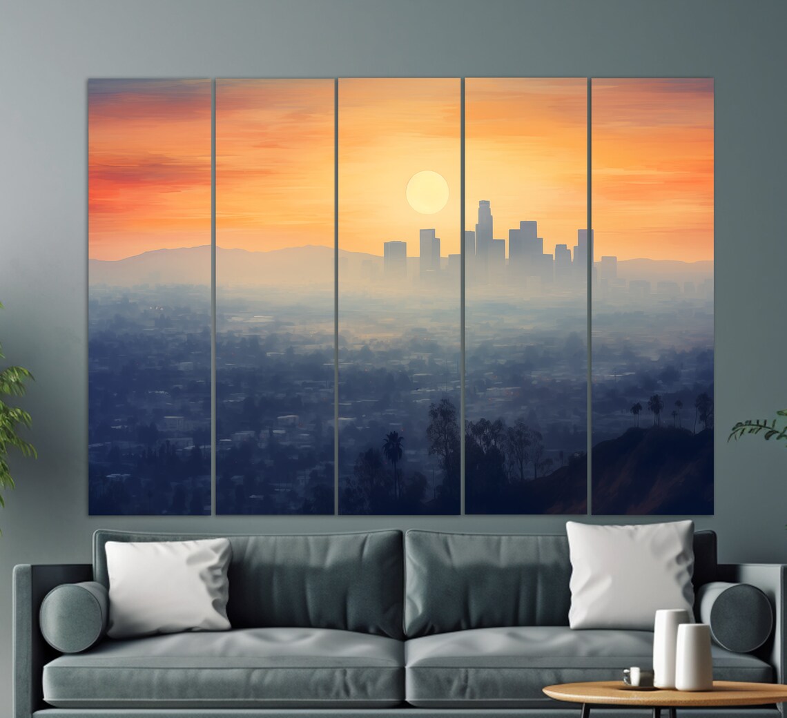 Los Angeles Skyline Misty Golden Sunset City Silhouette Travel Poster - Image 3