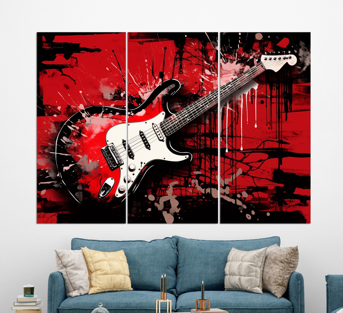 Electric Guitar Grunge Red Black Splatter Rock Music Lover Art Poster - Image 3