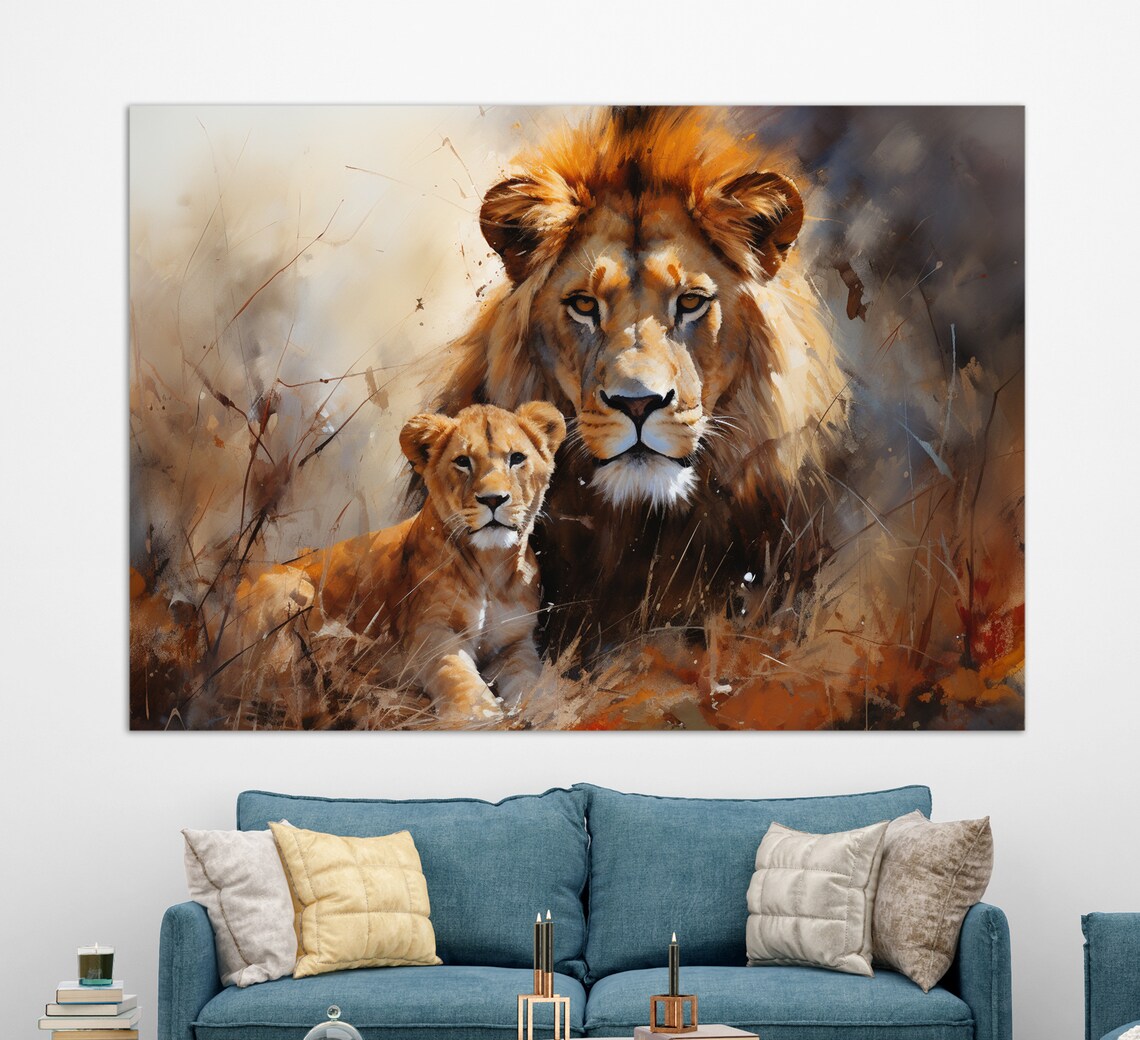 Lion And Cub Watercolor Painting Golden Mane Wild Africa Animal Poster