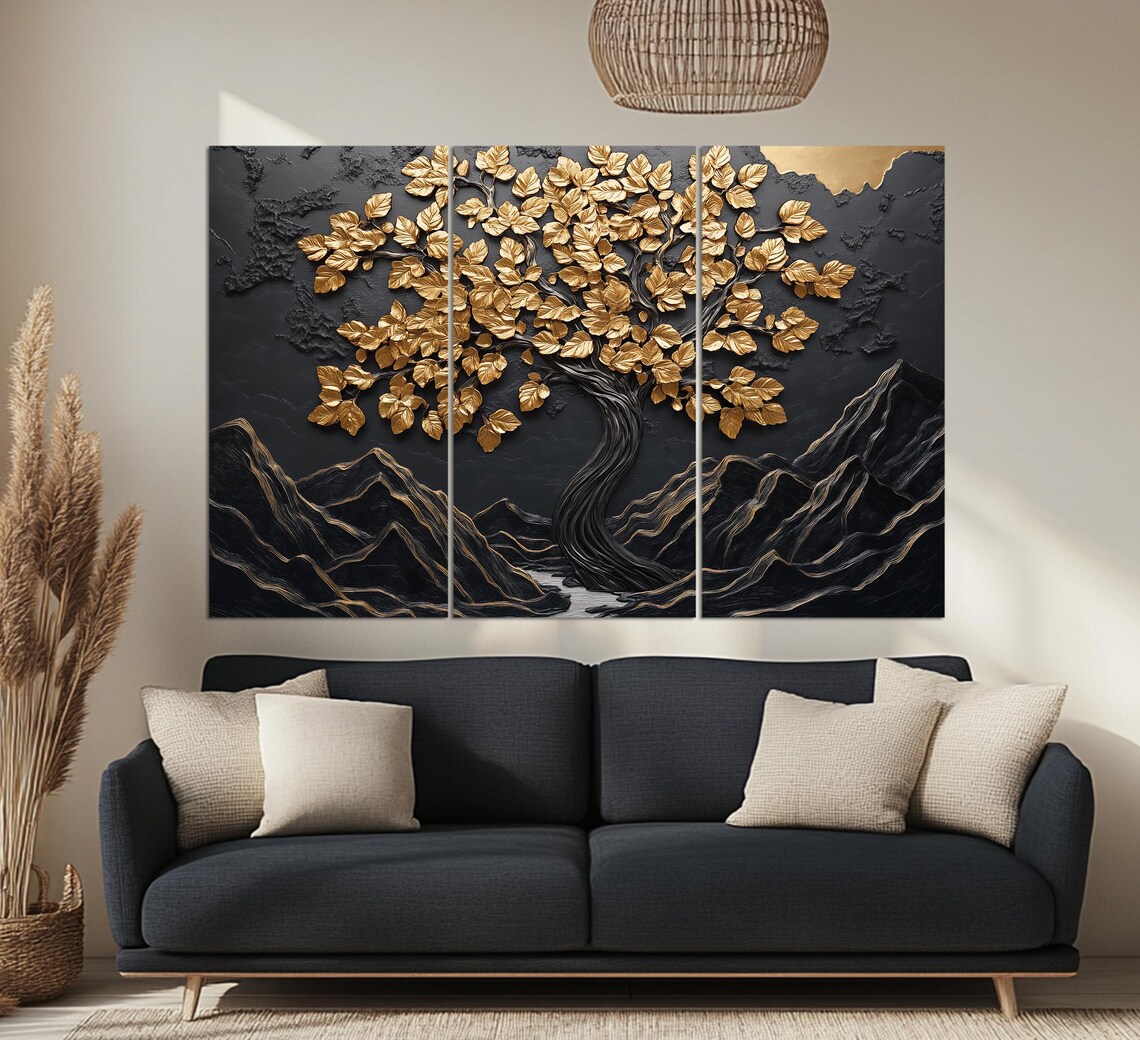 Golden Tree Of Life On Black Background Luxury 3D Textured Art Poster - Image 3