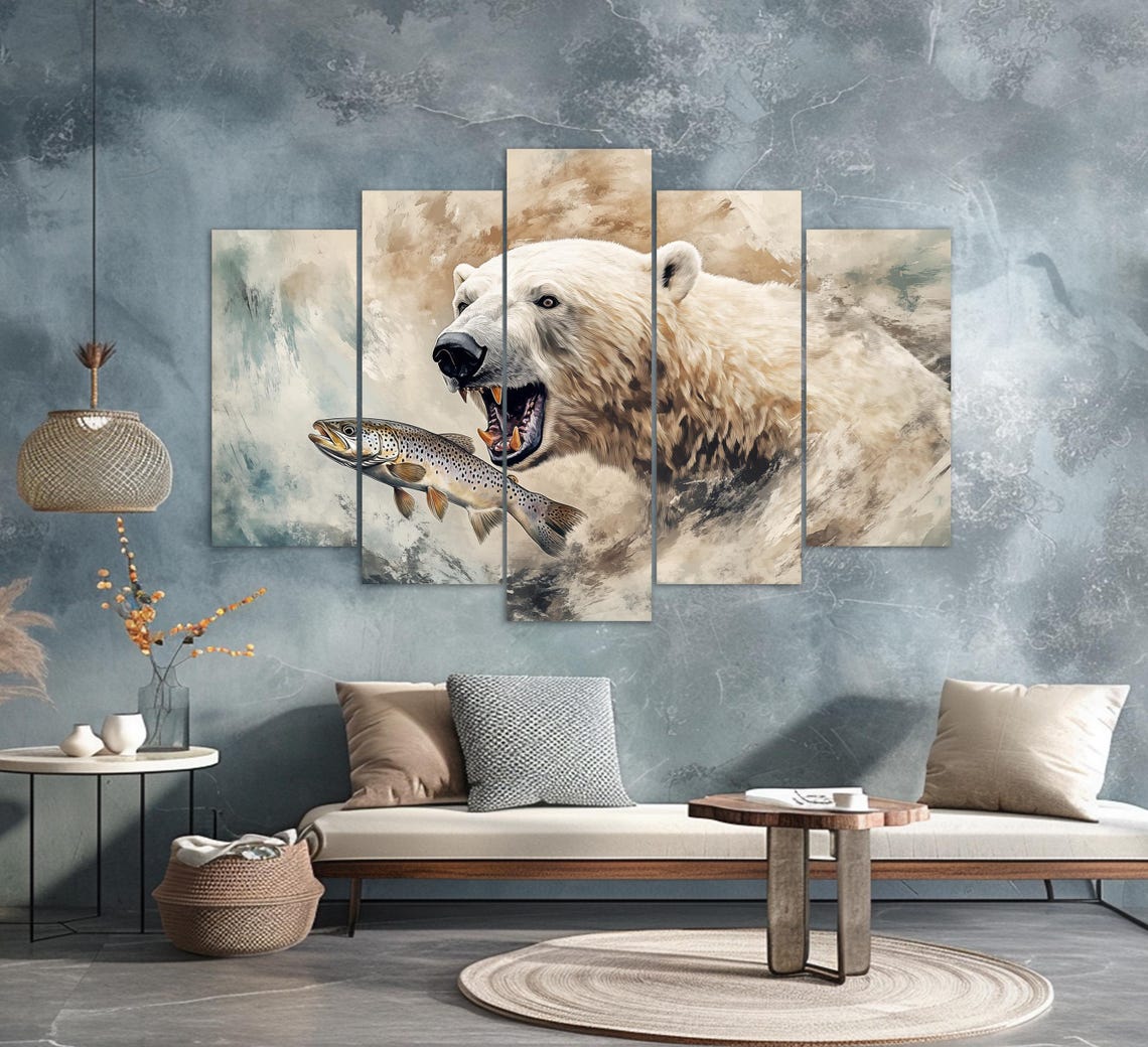 Polar Bear Catching Fish Wild Arctic Hunting Scene Animal Wall Art