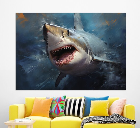 Shark Oil Painting Print Sharks Wall Art Shark Poster Underwater Art