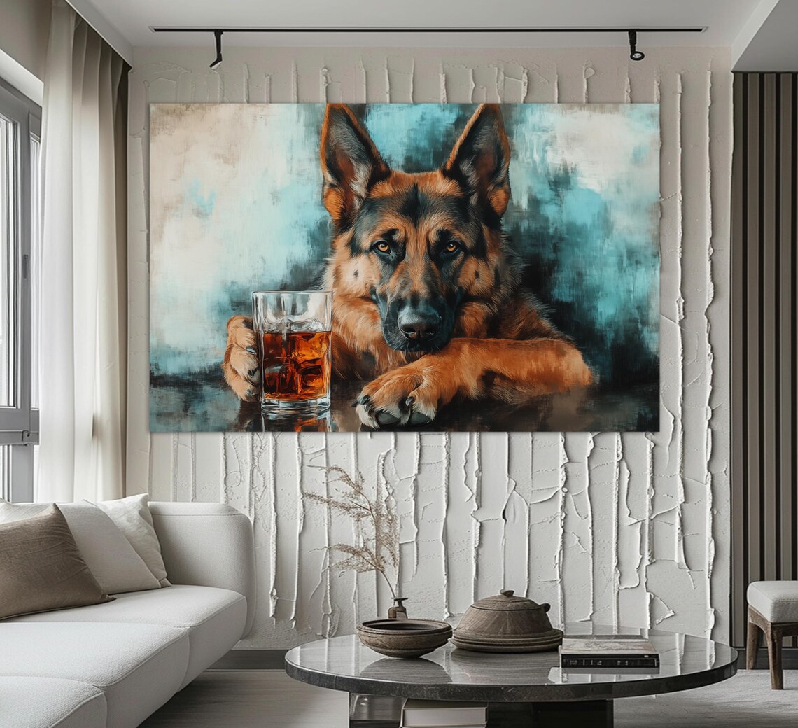 German Shepherd Dog With Whiskey Glass Pub Bar Humor Animal Wall Art