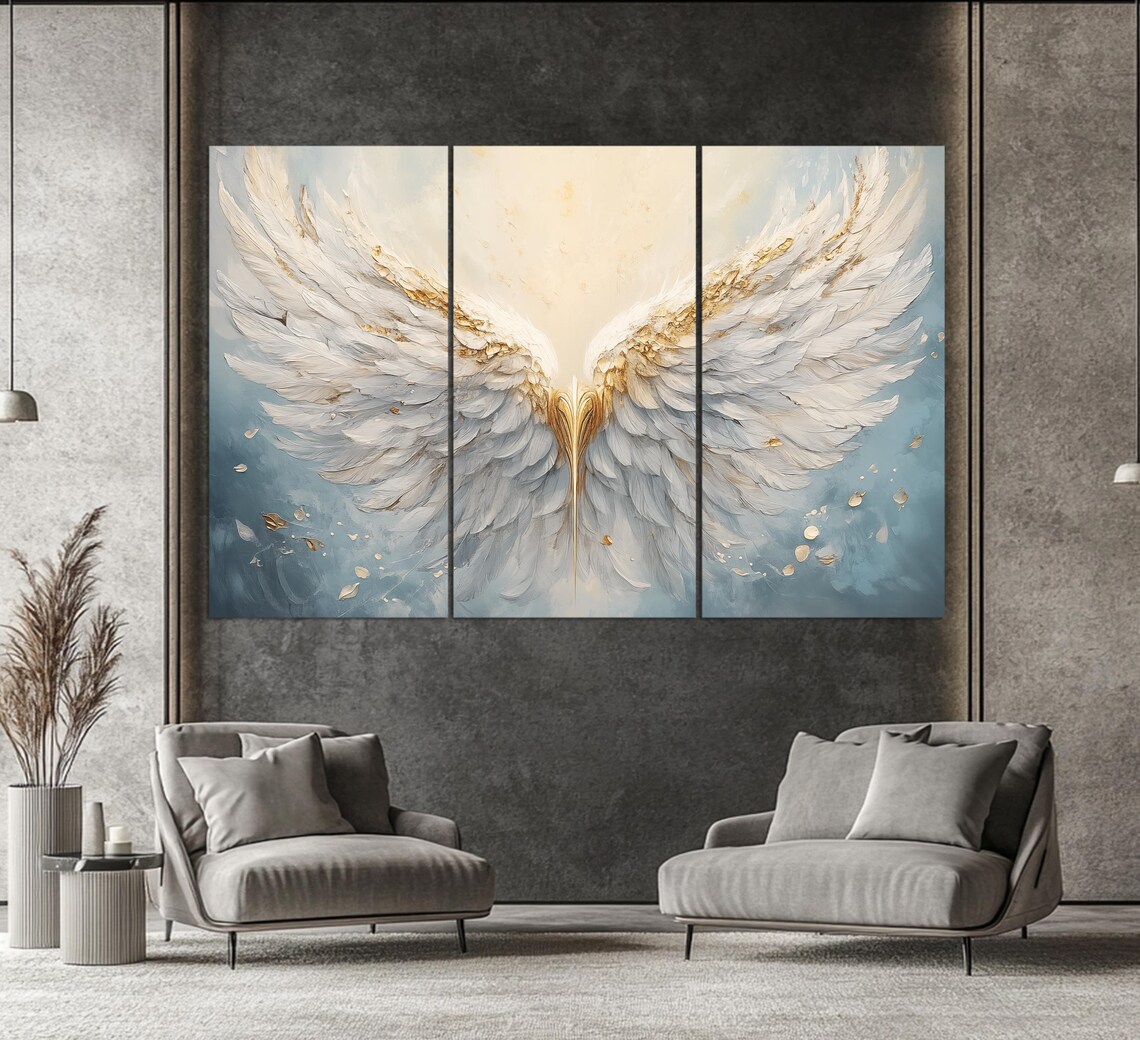 White Angel Wings Gold Feathers Heavenly Light Abstract Spiritual Wall Art - Image 3