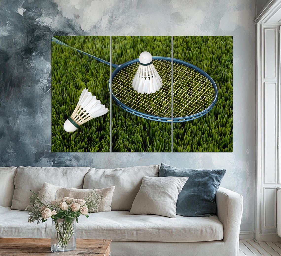 Badminton Racket Shuttlecocks On Green Grass Sports Photography Print - Image 3