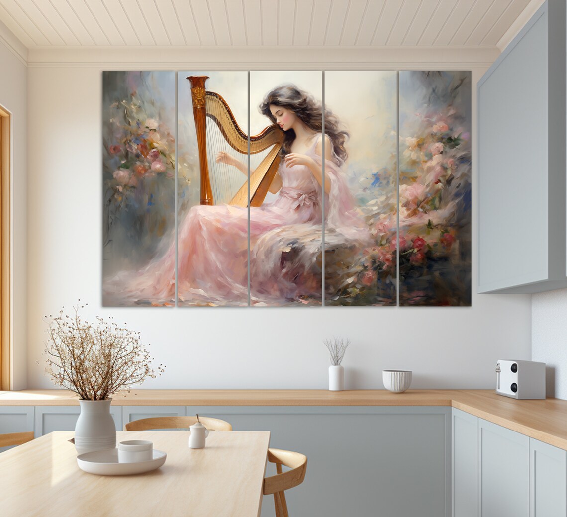 Woman Playing Harp Romantic Floral Painting Soft Music Room Wall Art Print - Image 2