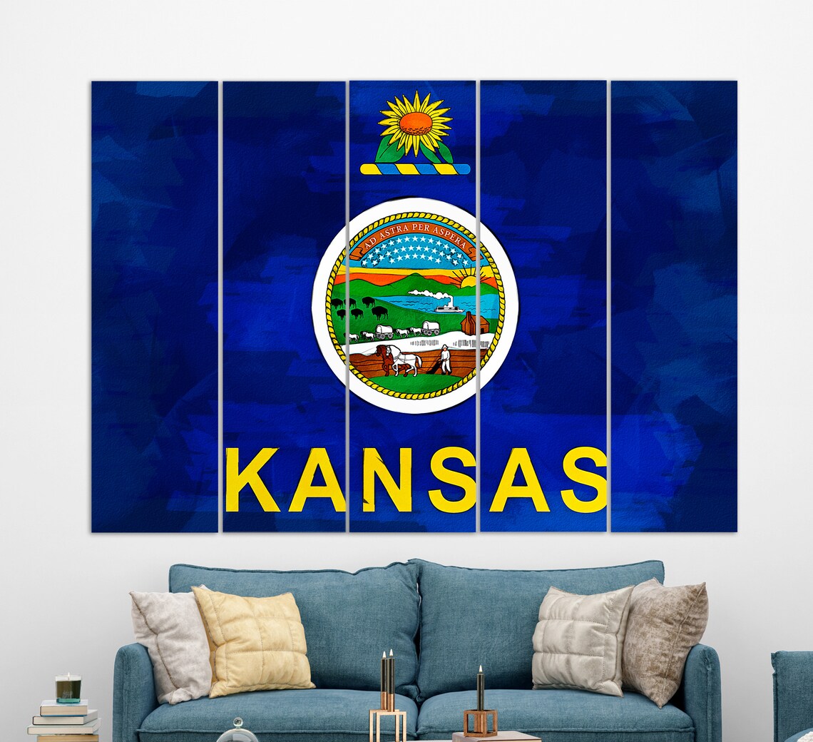 Kansas State Flag Sunflower Seal Watercolor Blue Patriotic Wall Poster - Image 3