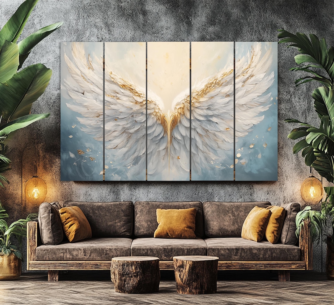 White Angel Wings Gold Feathers Heavenly Light Abstract Spiritual Wall Art - Image 2