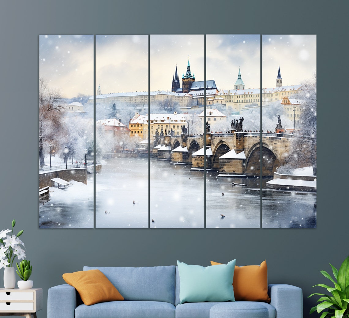 Winter Prague Charles Bridge Snow Falling Misty Old Town Travel Poster - Image 2