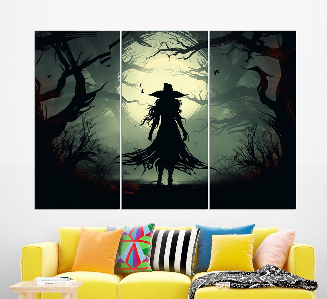 Witch Silhouette Dark Forest Moonlit Gothic Halloween Spooky Wall Art Print - Image 2