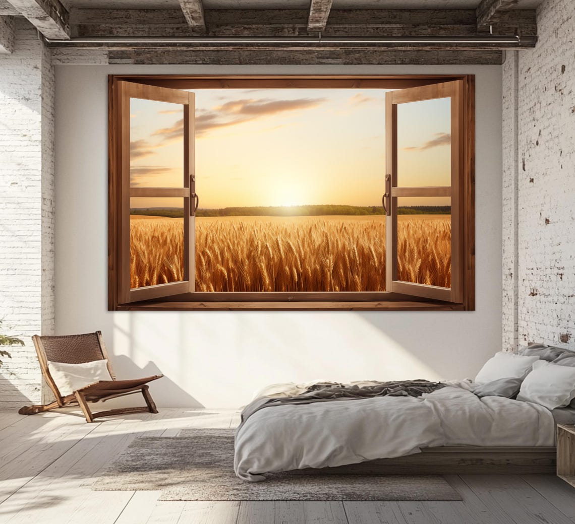 Faux Open Window View Golden Wheat Field Sunset Farmhouse Wall Art