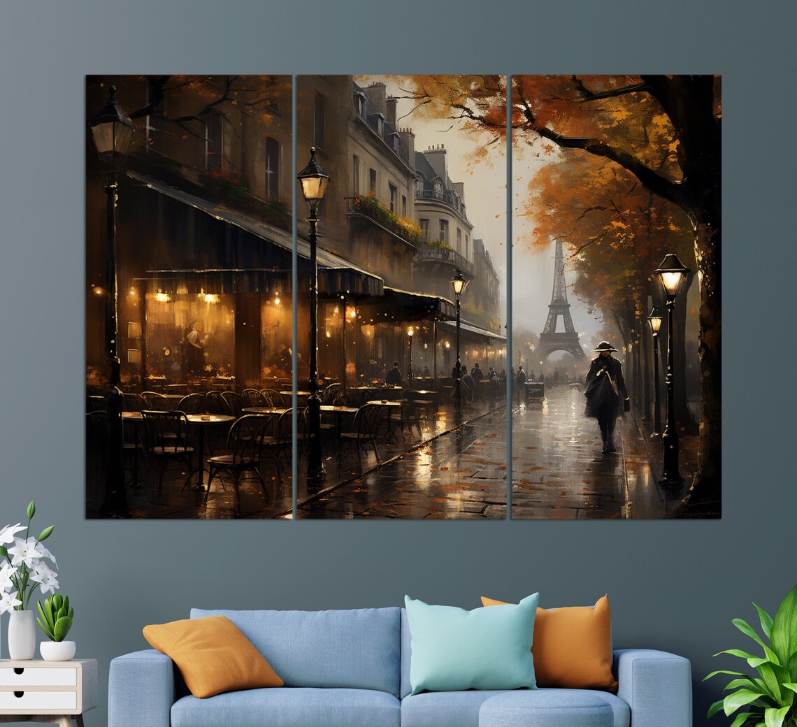 Romantic Paris Night Rainy Cafe Street Eiffel Tower Glow Travel Poster - Image 2