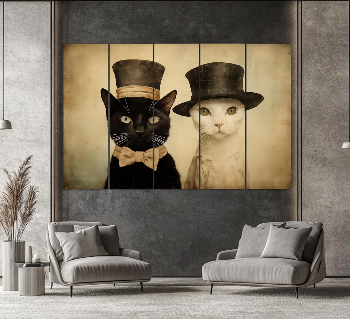 Two Cats In Top Hats Sepia Antique Portrait Animal Art Poster - Image 2