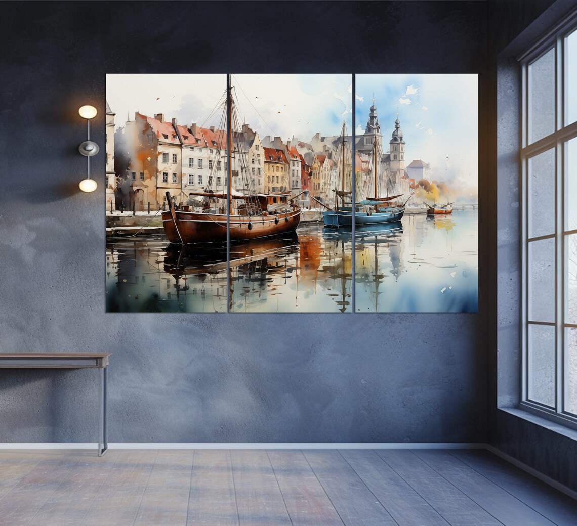 Gdansk Poland Old Harbor With Ships Watercolor Painting Travel Poster - Image 4
