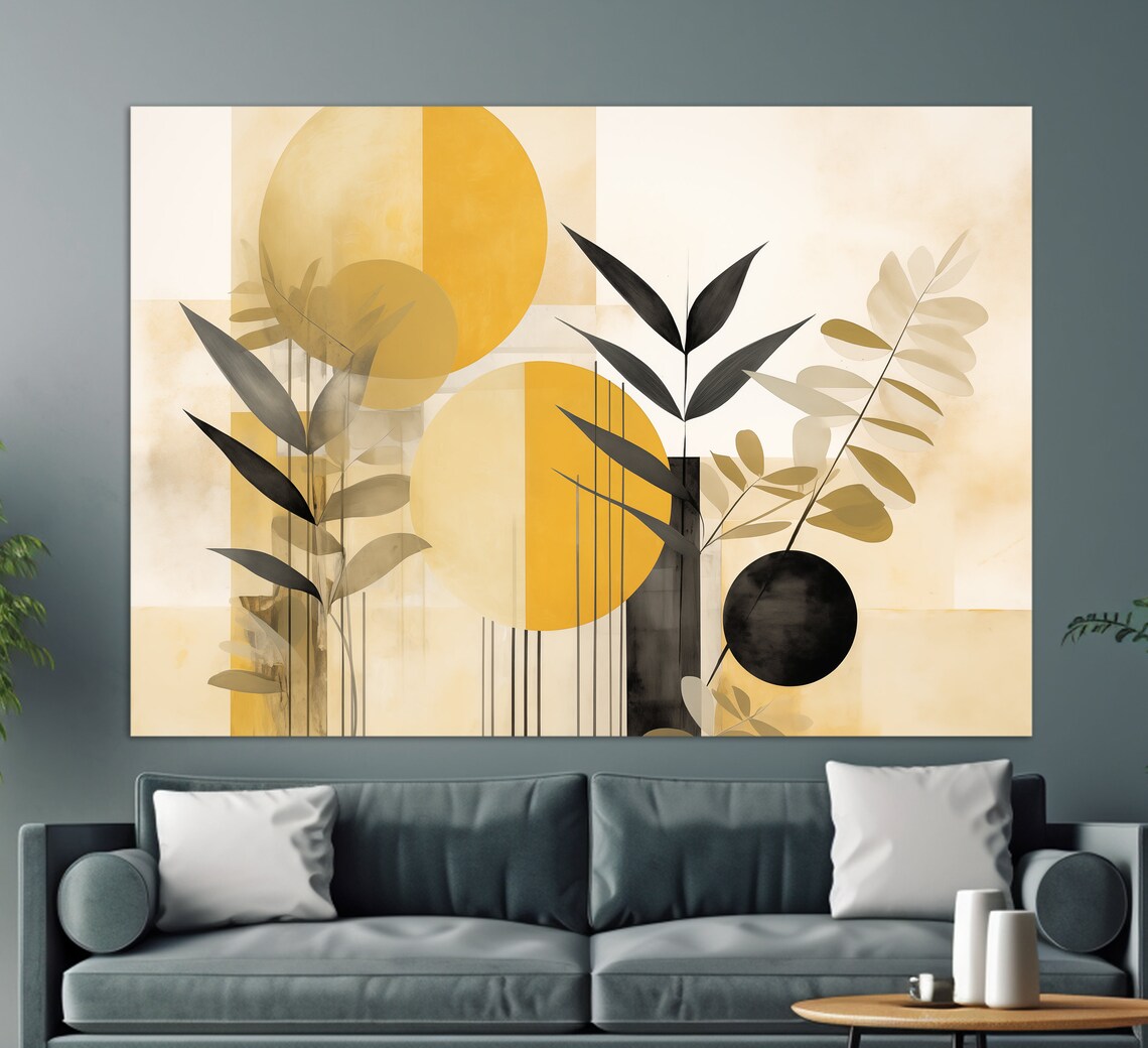 Abstract Golden Circles With Black Leaves Japandi Style Wall Art