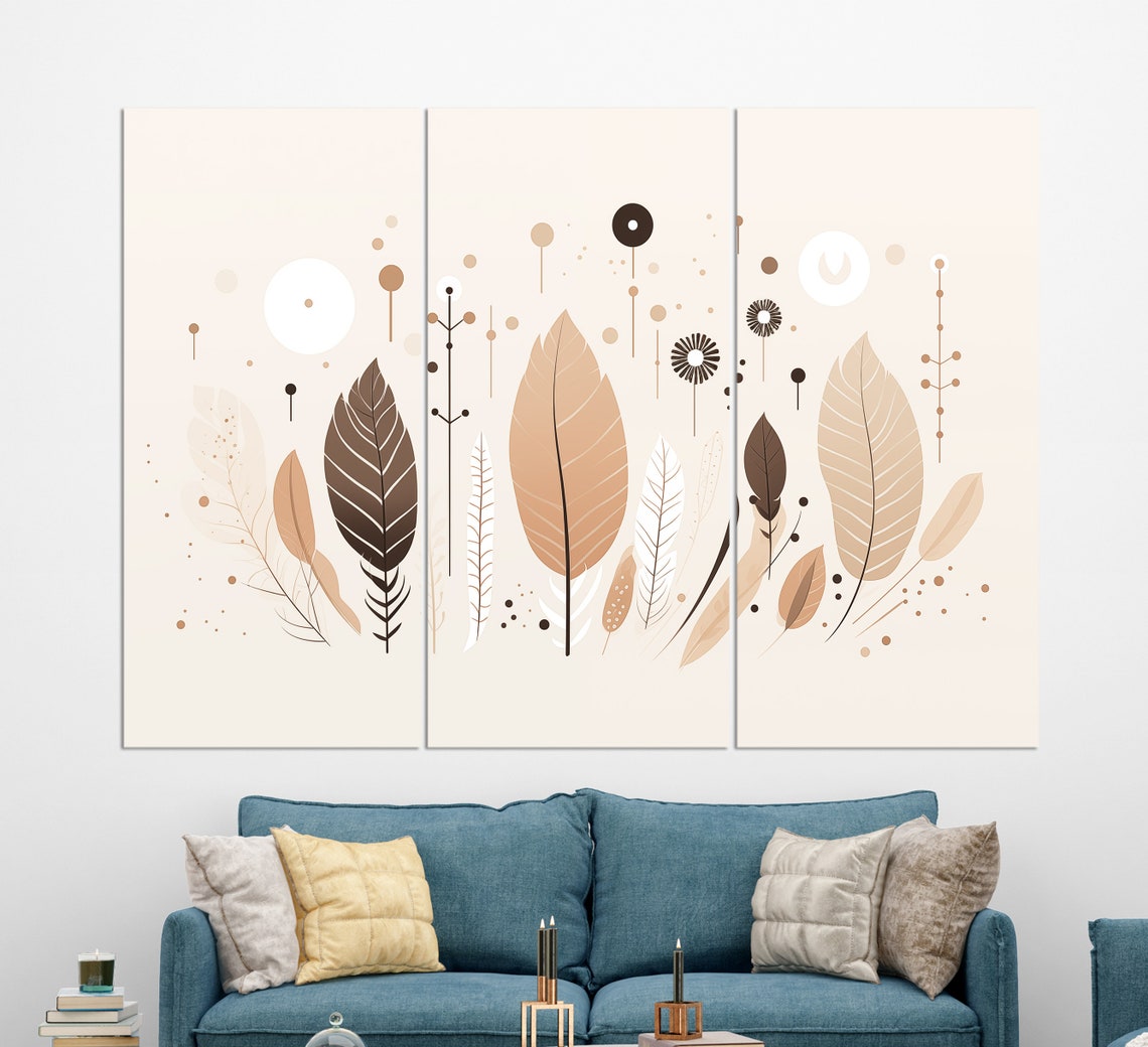 Mid Century Modern Boho Leaves In Beige Cream Minimalist Wall Art - Image 3