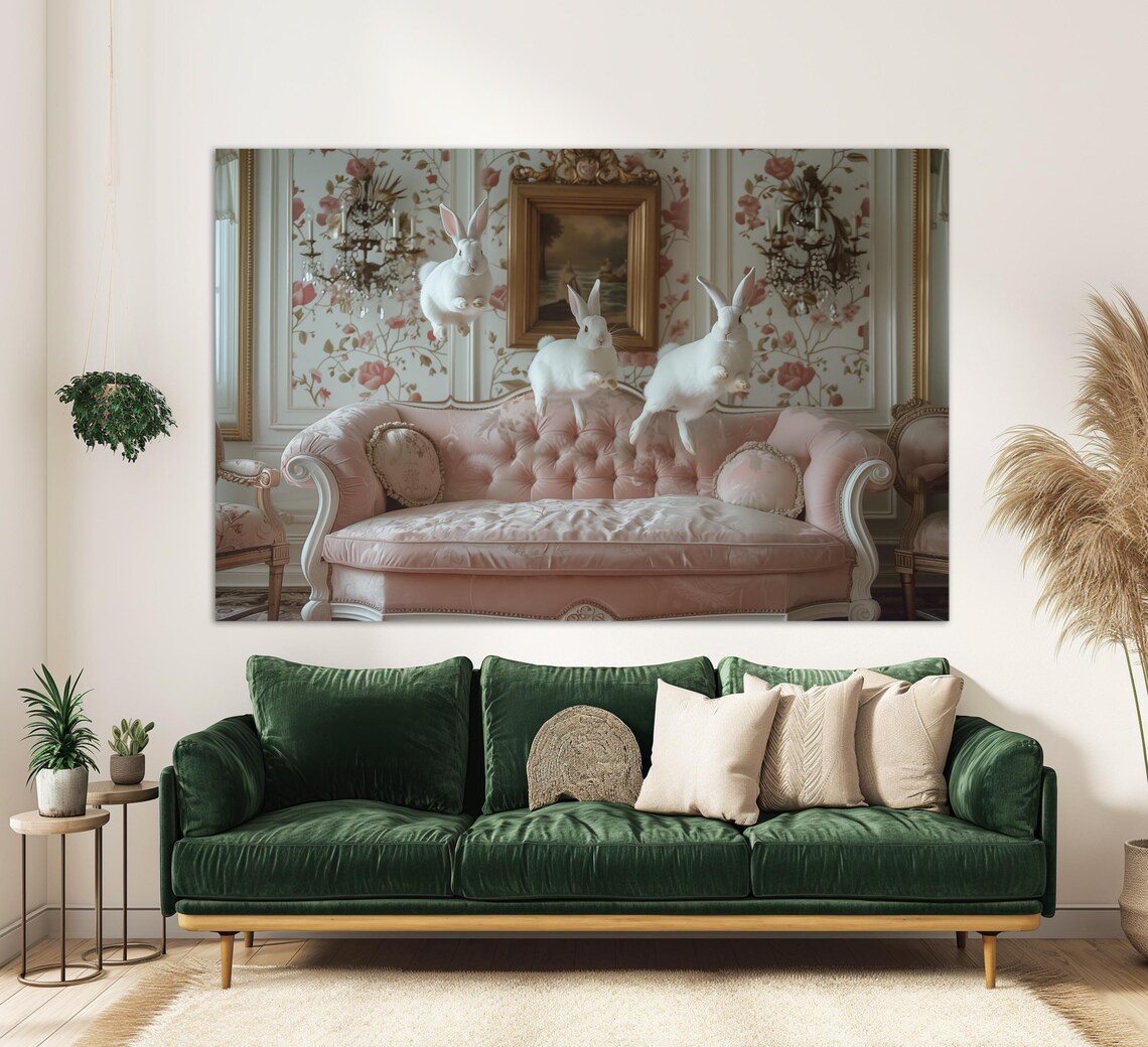 Cute Rabbits Jumping on Sofa, Nursery Wall Art Print