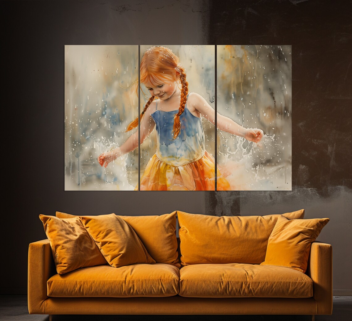 Red Haired Girl Braids Rain Splash Joyful Child Watercolor Wall Art Print - Image 3