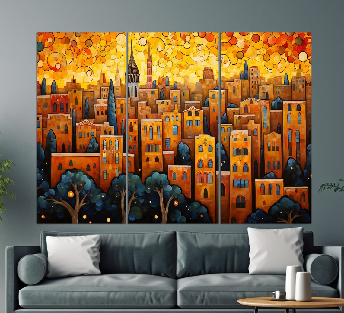 Barcelona Spain Golden Old Town Skyline Mosaic Style Travel Wall Art Poster - Image 3