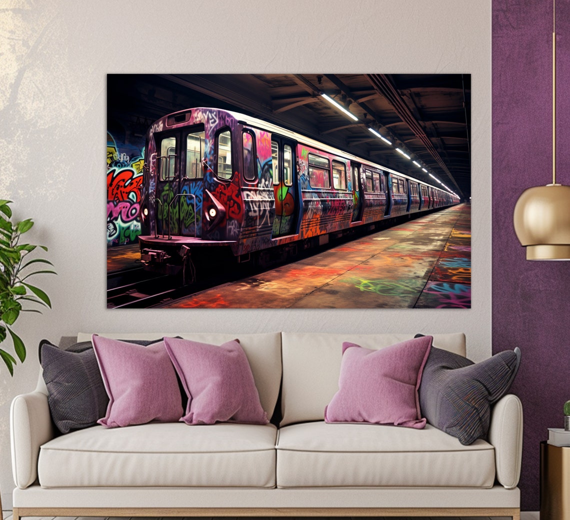 Graffiti Subway Train Station Urban Street Art Night Neon Wall Art
