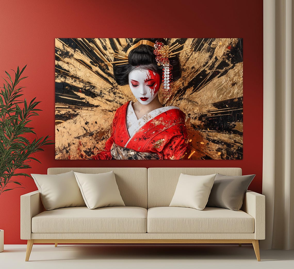 Beautiful Geisha In Red Kimono Print Japanese Woman Painting Japanese Wall Art Japanese Woman Poster Geisha Painting
