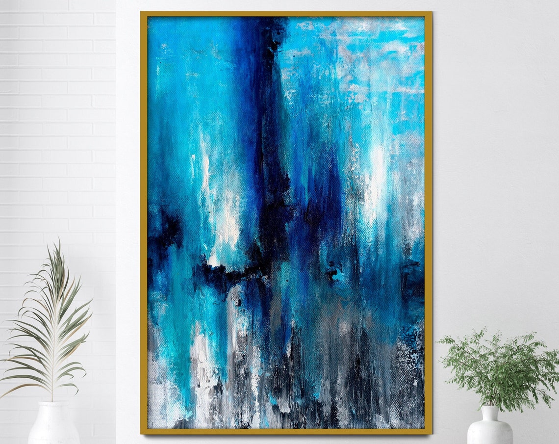 Deep Blue Ocean Abstract White Foamy Drips Textured Art Poster