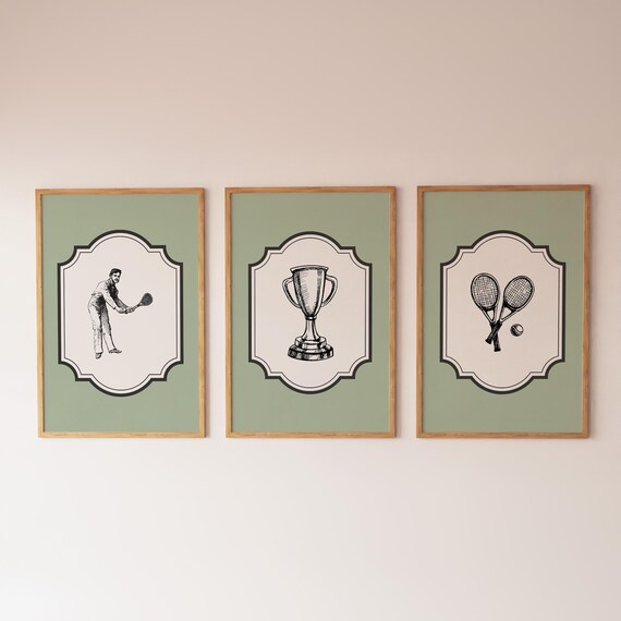 Vintage Tennis Player Trophy And Rackets Print Trio Sage Green Gallery