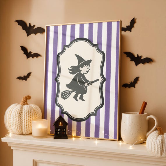 Flying Witch on Broom Silhouette Purple Stripe Cute Halloween Poster