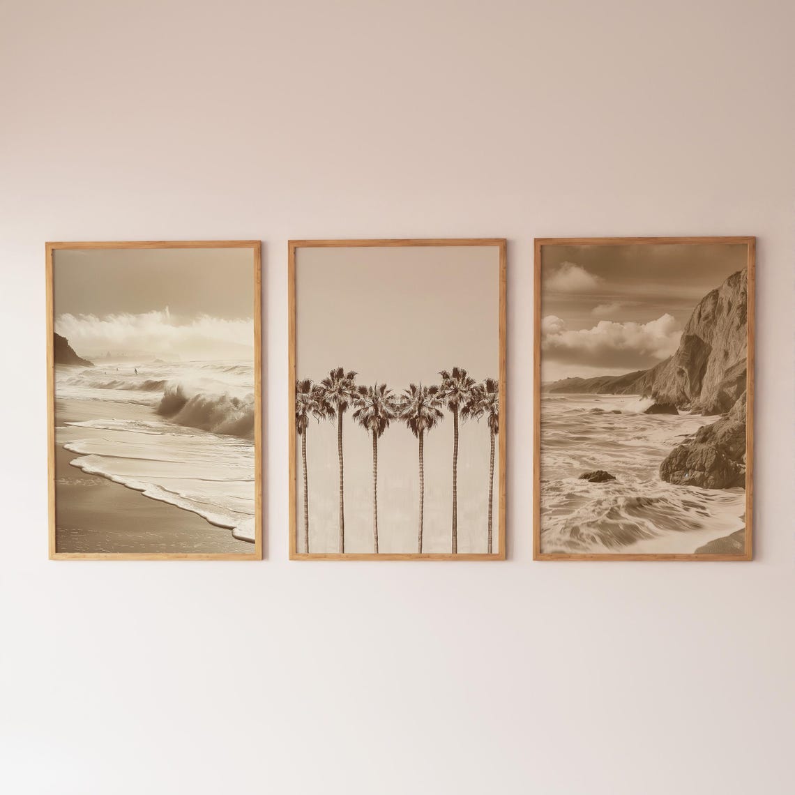 Sepia Beach Photographs Trio Waves Palms Cliffs Gallery Wall Art