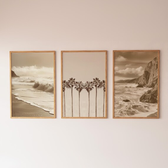 Sepia Beach Photographs Trio Waves Palms Cliffs Gallery Wall Art