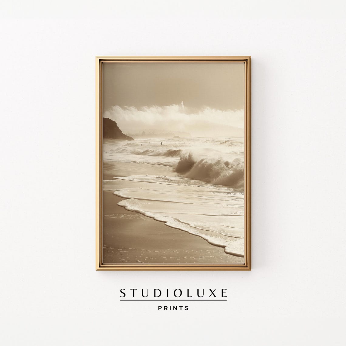 Lone Surfer Riding Rolling Waves on a Misty Beach Sepia Photo Print