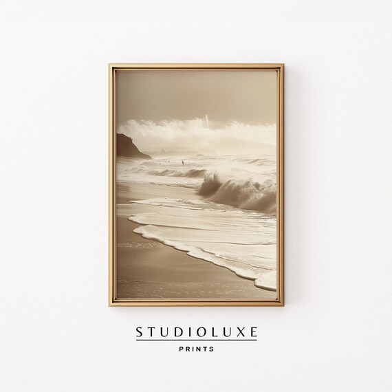 Lone Surfer Riding Rolling Waves on a Misty Beach Sepia Photo Print