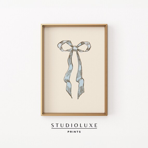 Blue Ribbon Bow Hand Sketched in Loose Lines Vintage Style Poster
