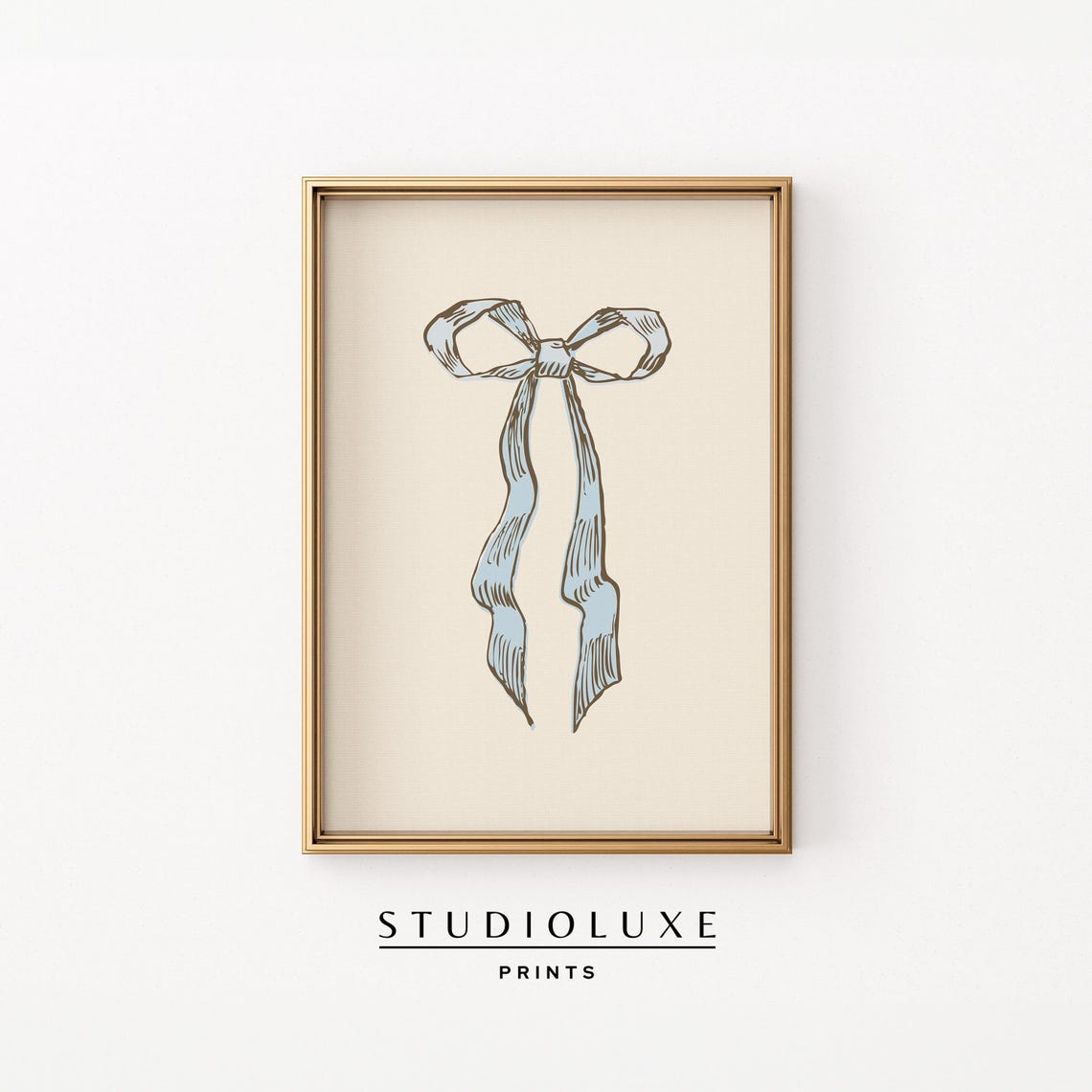 Blue Ribbon Bow Hand Sketched in Loose Lines Vintage Style Poster