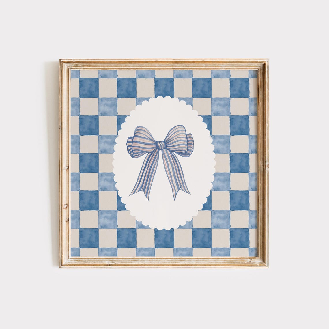 Blue Striped Bow in Scalloped Medallion Checkered Square Poster
