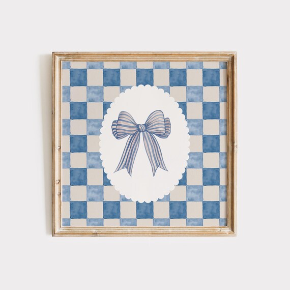 Blue Striped Bow in Scalloped Medallion Checkered Square Poster