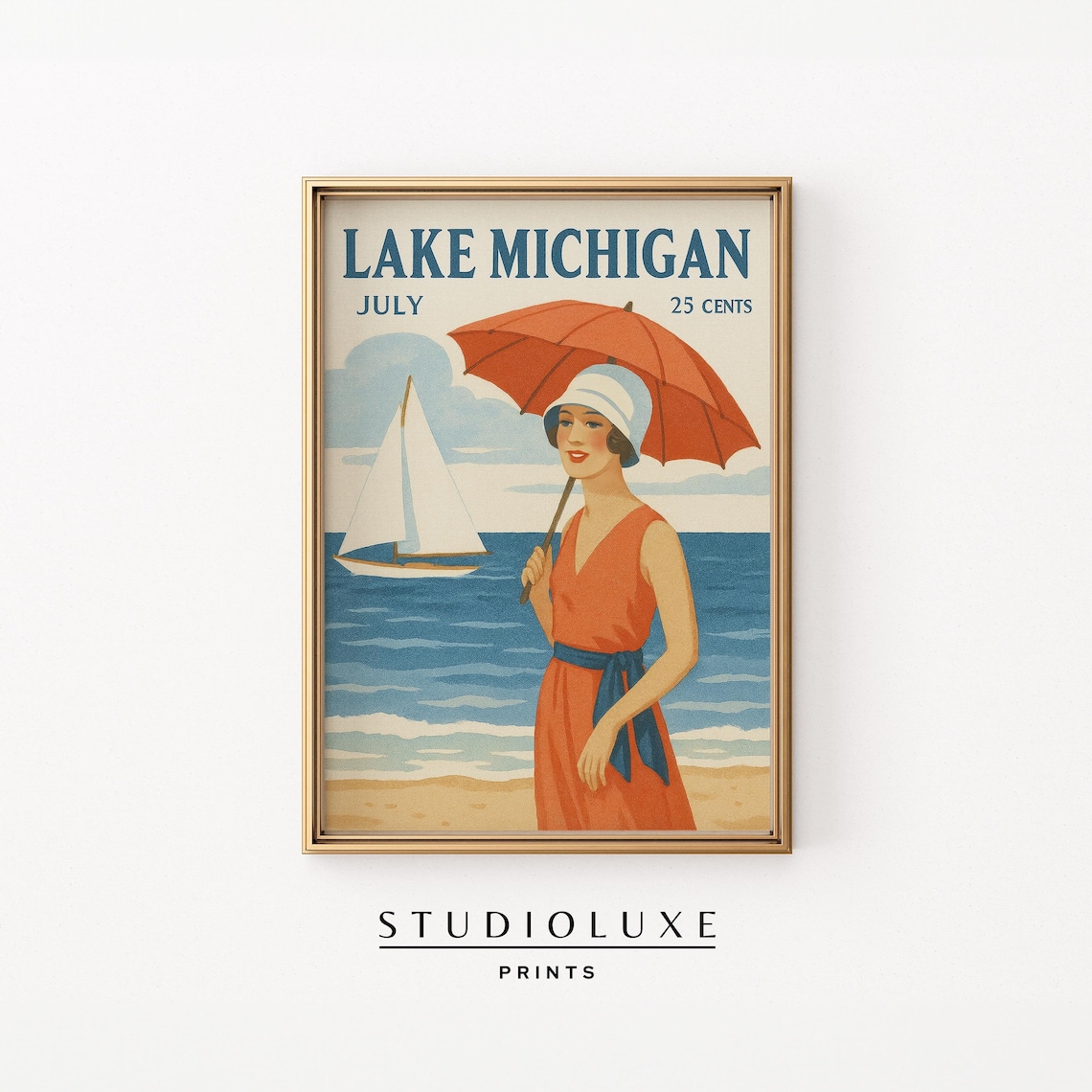 Lake Michigan July Vintage Beach Poster Red Umbrella Sailboat