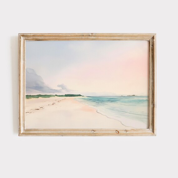 Blush Pink Sky Over Serene Turquoise Beach Watercolor Art Print