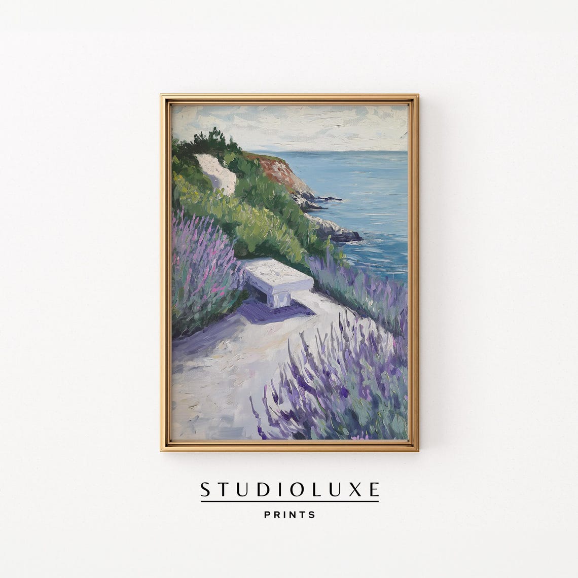 Lavender Coastal Cliff Path with Bench Overlooking the Sea Art Print
