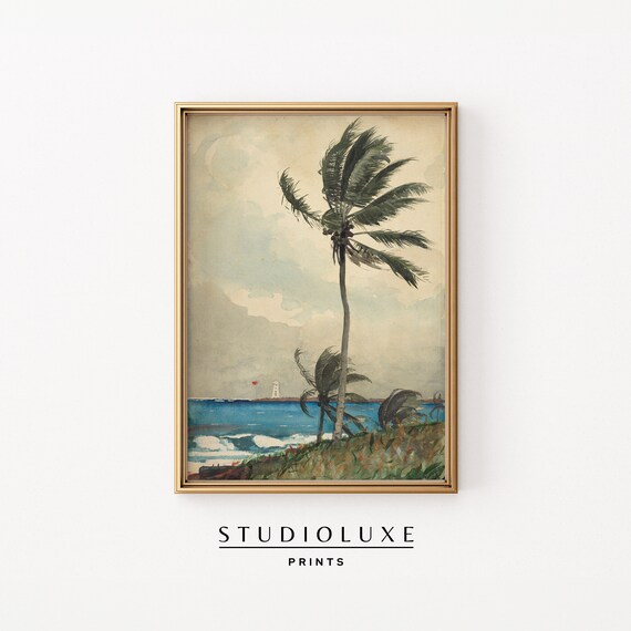 Vintage Palm Tree Watercolor Poster Tropical Beach Lighthouse Coast