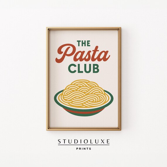 The Pasta Club Spaghetti Bowl Print Retro Italian Kitchen Wall Art Funny Foodie Poster Vintage Noodle Lover Decor